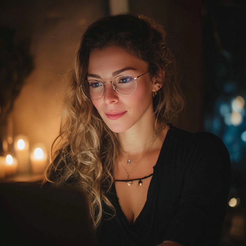 Woman wearing glasses and black shirt in candlelit setting, looking at camera with warm lighting in background