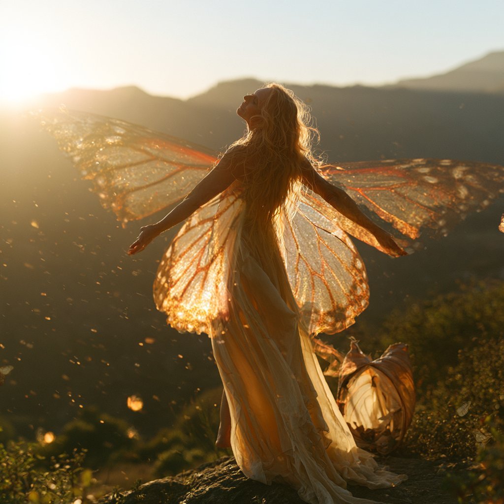 Woman with fairy wings standing on a mountain overlook at golden sunset, arms outstretched toward the landscape