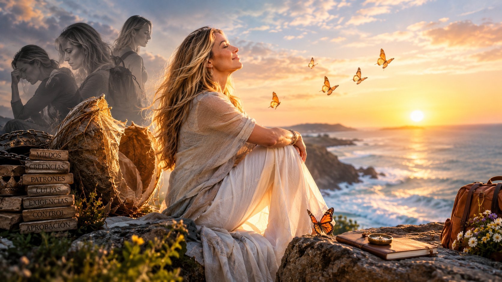 Woman in white dress sitting on rocky coastal cliff at sunset with ghostly figures and birds in sky