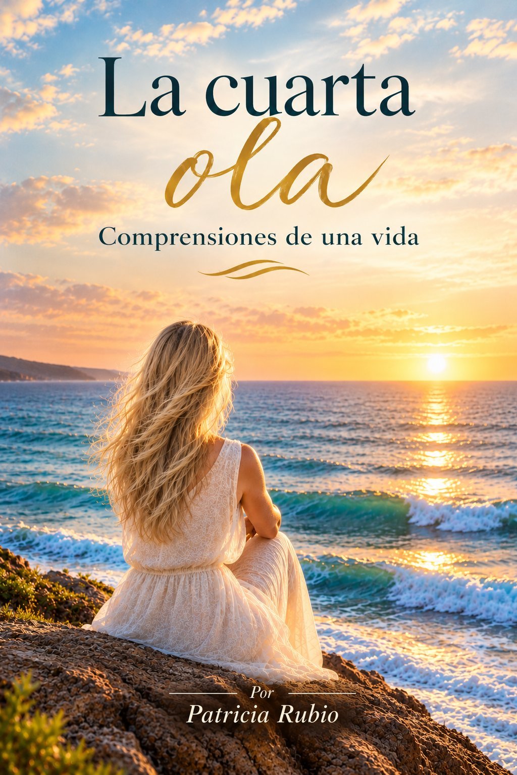 Woman in white dress sitting on rocky beach at sunset overlooking ocean waves, book cover for La cuarta ola by Patricia Rubio