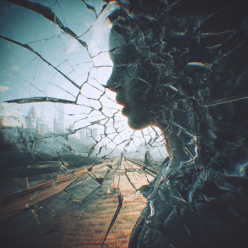 Shattered glass revealing a cityscape and industrial landscape with a twisted tree or structure on the left side