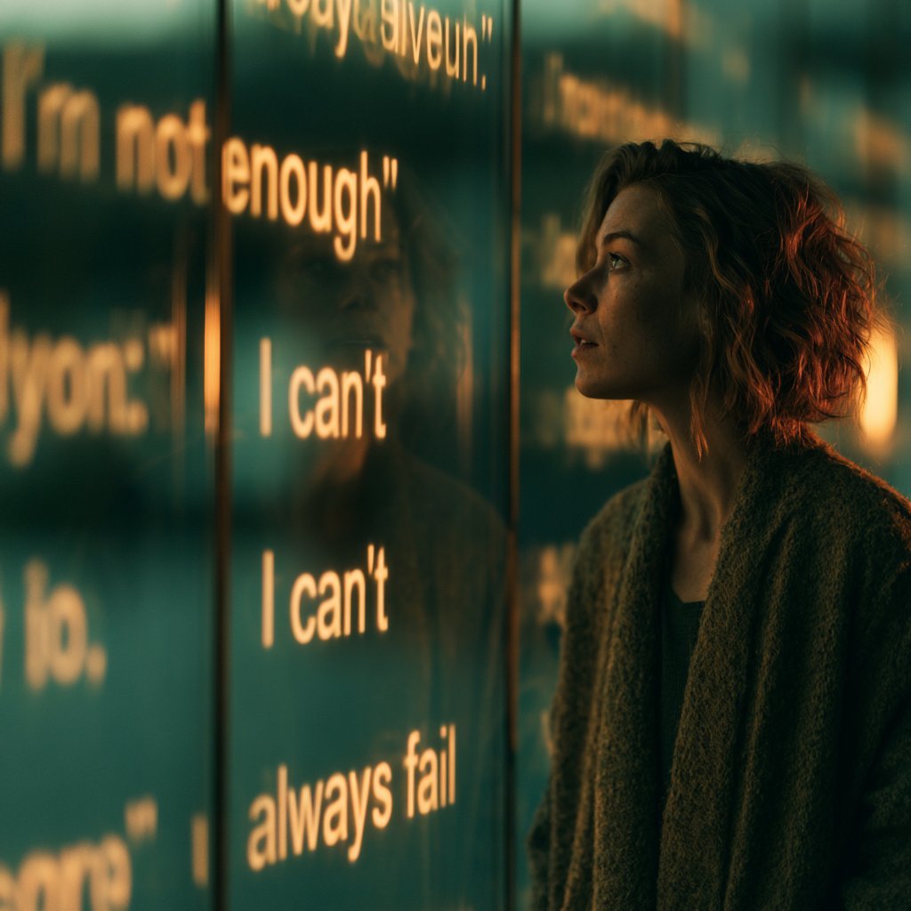Woman looking at glass panel with negative self-talk phrases including I cant and always fail in warm orange lighting