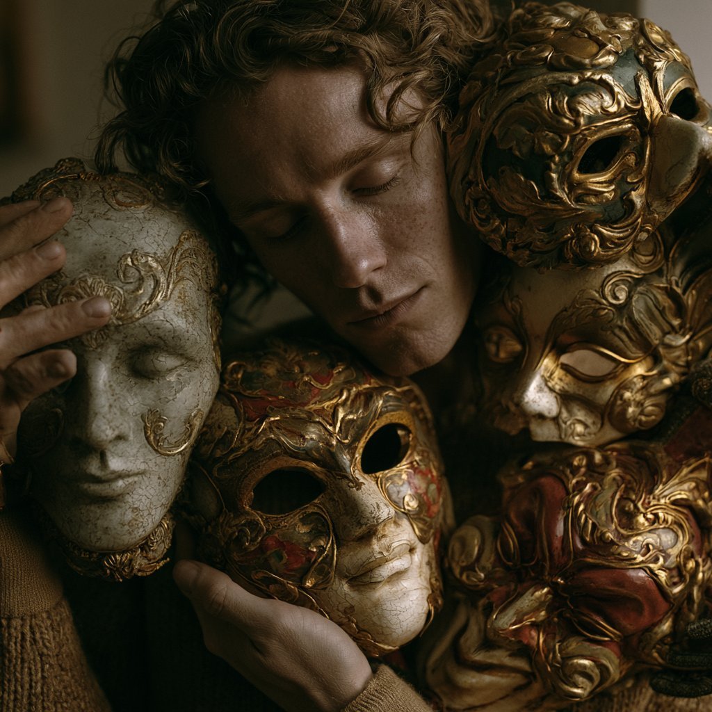 A person with curly hair holds ornate decorative masks, including gold and white Venetian-style masks with intricate designs