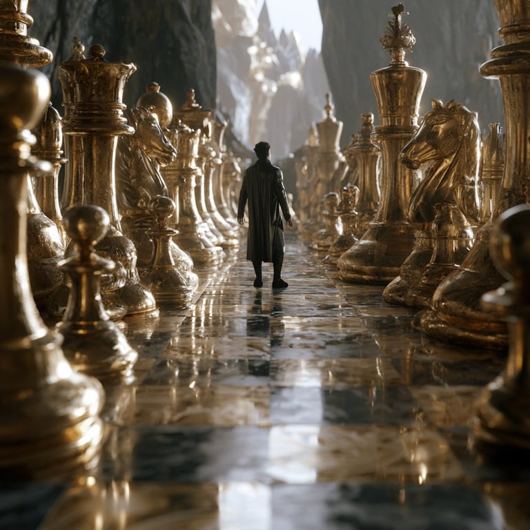 Person in black coat walks down ornate corridor lined with golden statues and sculptures on wet floor