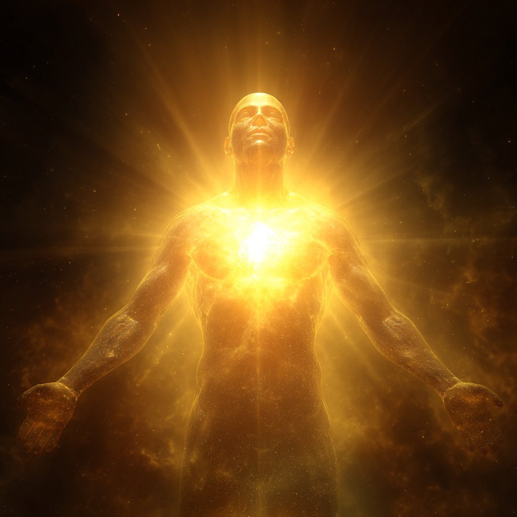 Glowing ethereal figure radiating bright golden light with arms outstretched against a dark background