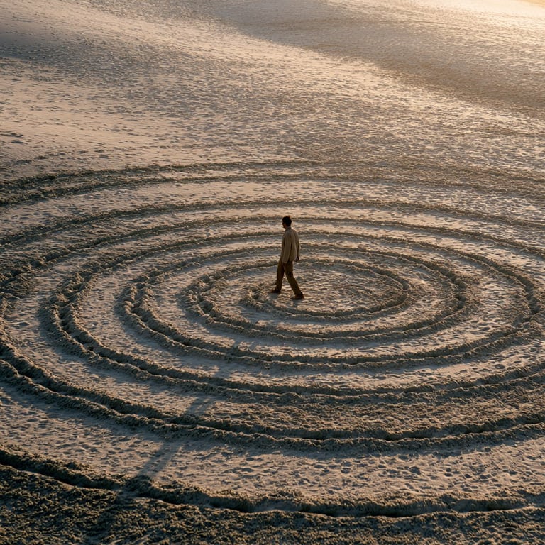 Person walking in the center of concentric spiral circles drawn in sand on a beach