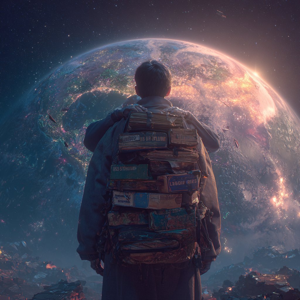 Person wearing travel backpack gazes at glowing Earth floating in space against starry sky
