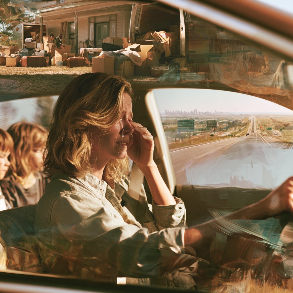 Woman with blonde hair sitting in car with hand near face, looking at desert landscape and river through windshield