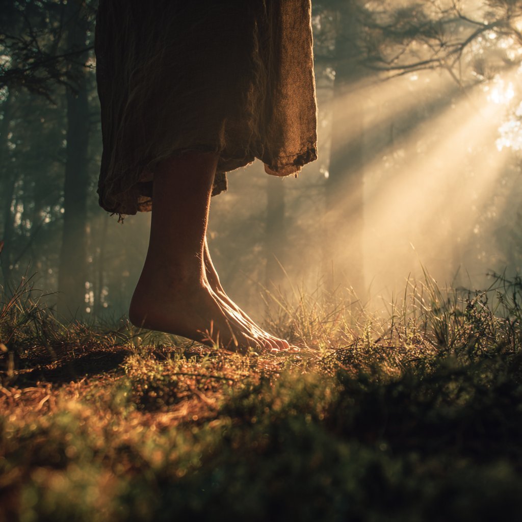 Barefoot person in flowing dress standing in sunlit forest with golden rays through trees