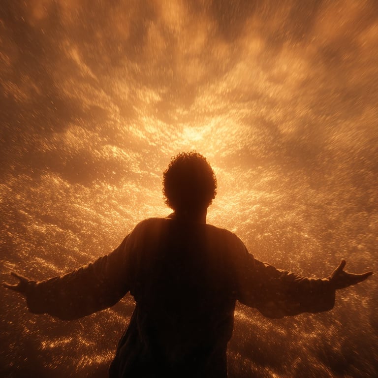 Silhouette of a person with arms outstretched against a glowing golden light with radiating rays in the background