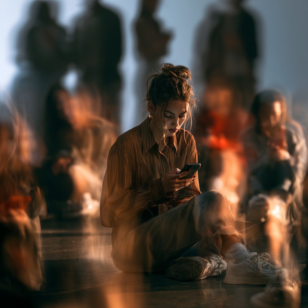 Woman kneeling and looking at her phone surrounded by blurred figures with warm orange lighting effects