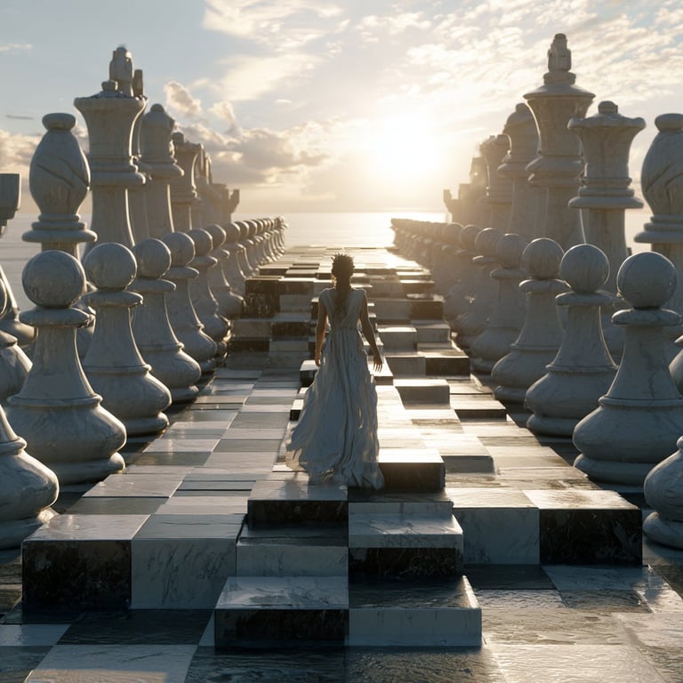 Woman in flowing dress walking down center of giant marble chess set at sunset over water