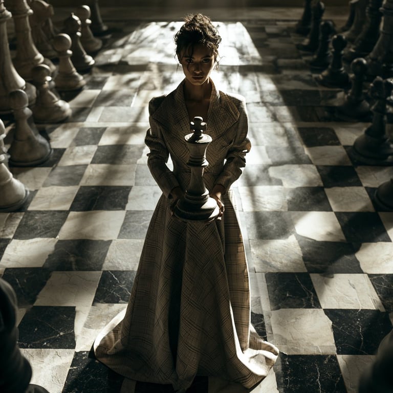 Woman in period dress standing alone on checkered marble floor surrounded by statues in grand palace hall