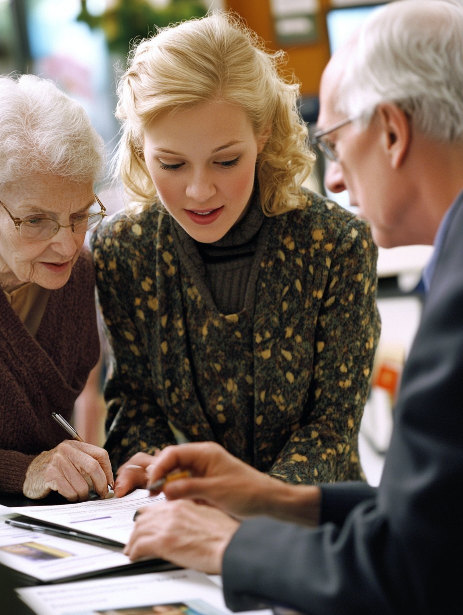 A woman in a patterned jacket signs documents while an elderly man and woman look on attentively at a table