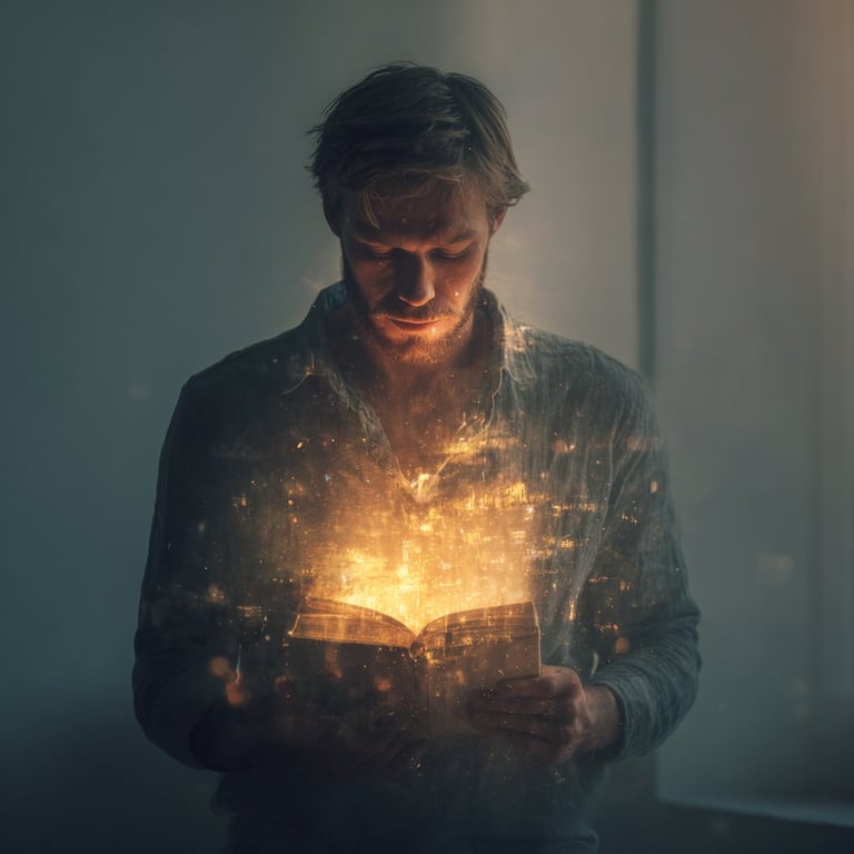 Man reading an open glowing book with warm light emanating from the pages against a muted blue background