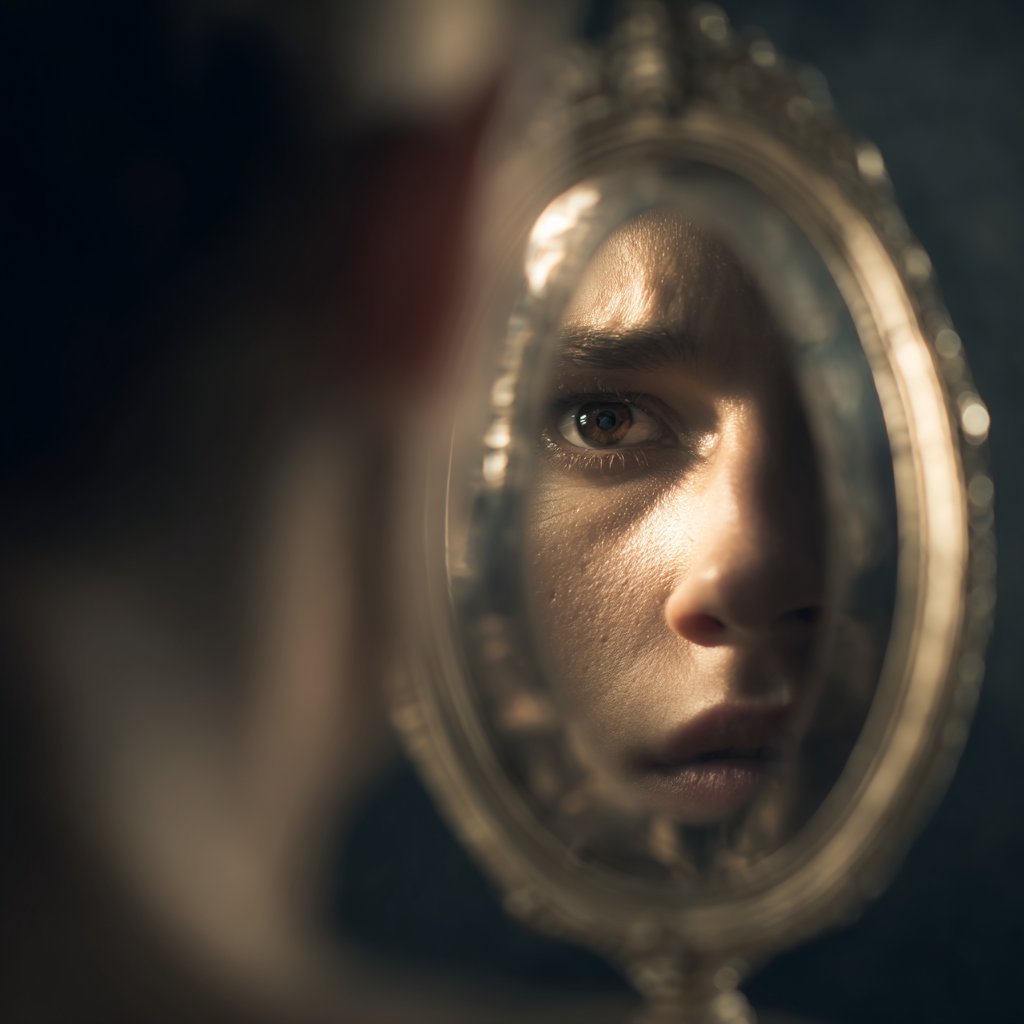 Persons face reflected in an ornate circular mirror with warm golden lighting and dark background